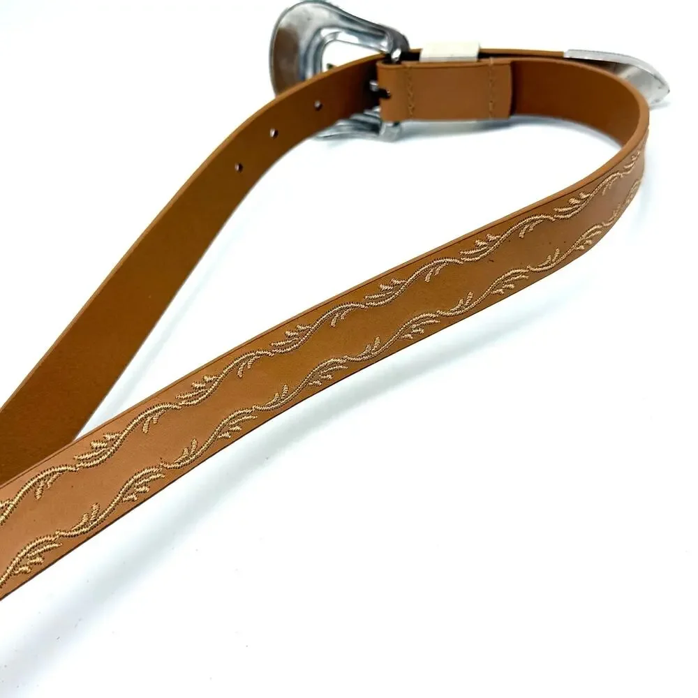 Nocona Brown Leather Western Belt 34 Ornate Buckle Red Rhinestone Embroidered